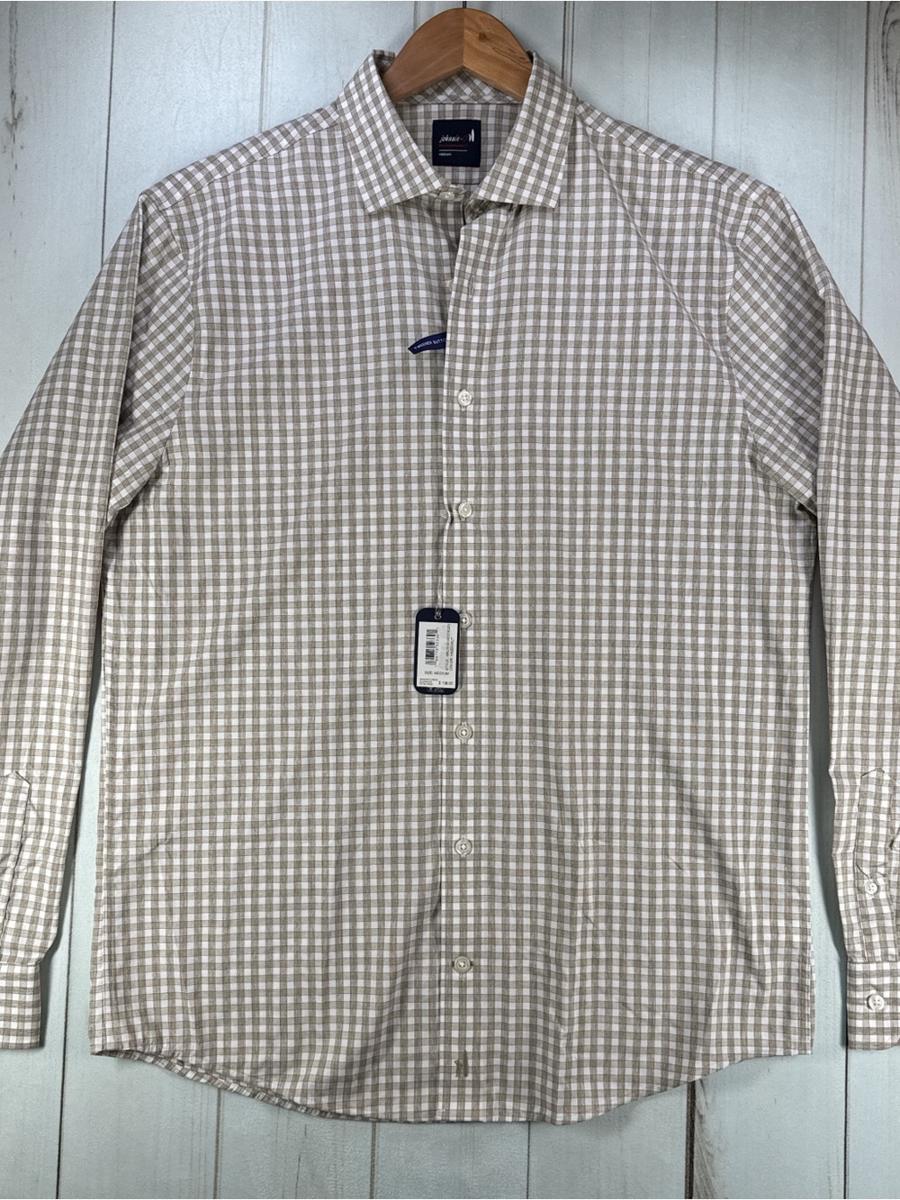 Johnnie-O Performance Button LS Shirt Mens Med Hazelnut Check Westwood NWT $138